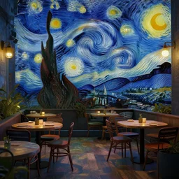 Cyberpunk Cafe Terrace at night by Vincent Van Gogh, octane render