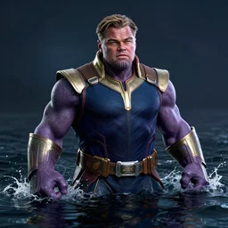 a still of leonardo dicaprio as thanos in avengers endgame emerging from black water in cyberpunk theme, octane render, rule of thirds, sigma look, beautiful