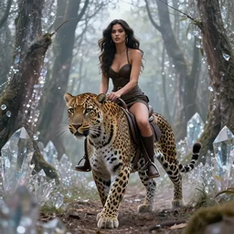 beautiful woman riding a leopard thru a crystal forest, hyperreal, Artstation, atmospheric, photorealistic