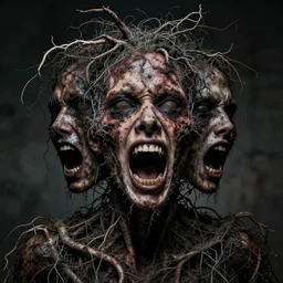 portrait of human faces screaming made of roots and wire and strings, rotten, filth and grim, disgusting scaryflash photography, cinematic, dark, depressing