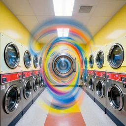 inside a laundromat, spinning deformed fractals of washing machines, vibrant colors by Jeffrey Smith, Michal Karcz and Chad Knight