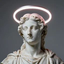 a 3 d neon ring on the head of a renaissance statue