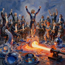 an extremely high quality hd surrealism painting of the landscape of glassblowing by the victorious essence of beethovens 7th symphony, molten glass, glowing, liquid glass, expressive,4k, high quality, ultra realistic, painting, vivid reflective impasto brushstrokes, detailed objects, highly detailed symmetry, the fifth series