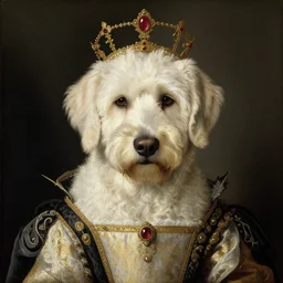 portrait of a white labrododdle dog as an italian queen, painting by botticelli, 1 4 8 0 s