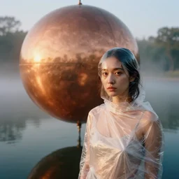a closeup portrait of a woman wrapped in plastic, standing next to a giant huge levitating copper orb, in a foggy pond, golden hour, color photograph, by vincent desiderio, canon eos c 3 0 0, ƒ 1. 8, 3 5 mm, 8 k, medium - format print