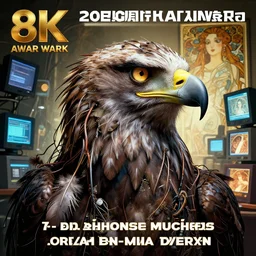 hyperrealist portrait of a human with eagle head, it is decorated with long wires and feathers that fall like vines with lots of computer monitors in the background. by jeremy mann and alphonse mucha, fantasy art, photo realistic, dynamic lighting, artstation, poster, volumetric lighting, very detailed faces, 8 k, award winning