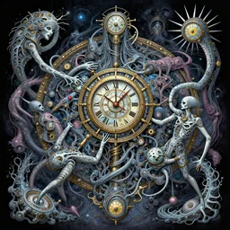 melting clockwork biological psychedelic realm possessed by astral beings trying to escape the end of time while wrapping around each other in a significantly meaningful exodus wlop h. r. giger lisa frank bob ross