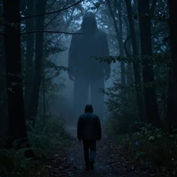 one walks through a forest at night in the background is a dark, large figure with no face, dense fog, rain
