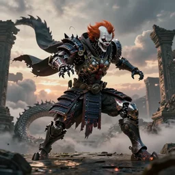 portrait of a diabolical cyborg clown samurai slaying a dragon, torn cape, adaptive armor, dynamic pose, heavy eyes to the side, ancient ruins, glowing veins subsurface scattering, in clouds, sunset, portrait, by gerald brom, by mikhail vrubel, by peter elson, muted colors, extreme detail, reflections, trending on artstation, 8 k