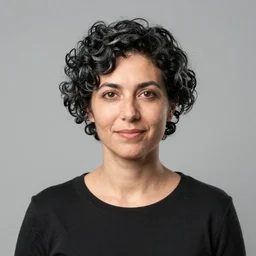 European woman portrait photograph, black and grey shorter curly hair, 38 years old, good looking , intelligent