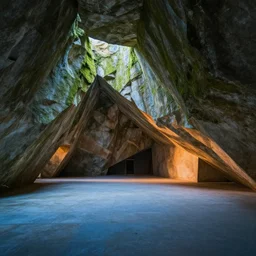 abandoned ancient mossy angular rock interior, large open room, gentle blue and orange lighting, angular design