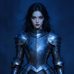 a beautiful woman dark hair in an armor with dark eyes, perfect body, perfect face, highly detailed, elegant, dark blue, ethereal horror fantasy art by greg rutkowski and magali villeneuve and claude monet