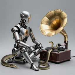 by Beksinski , cyborg sitting Infront, snake getting into gramophone, high quality image, denoise