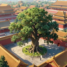 arial view of the great elven tree growing in the forbidden city, beijing. andreas achenbach, artgerm, mikko lagerstedt, zack snyder, tokujin yoshioka