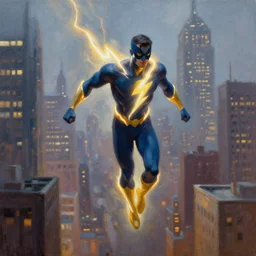 a lightning superhero, flying in the middle of a city, full body, ultra high definition, in a oil painting style