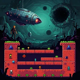 huge lovecraftian dude in an alien planet with spaceship and black hole in the background gameplay still frame, 4 colors, pixel art, retro, splash screen, level design, high contrast, background, deep focus, highly detailed, dramatic lighting, digital painting, artstation, concept art, matte, greg rutkowski, moebius, illustration.