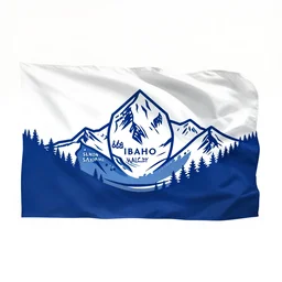 A minimalist flag representing Idaho's Salmon River mountain valley, vector graphic, vexillology, cobalt and white color scheme,