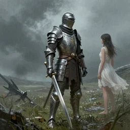 a single hero standing on a battlefield on a rainy day, the hero is wearing armor and a sword, the hero is facing a girl in a white dress. by Ciryl Rolando, hyperrealistic illustration, digital art, studio lightning, art station