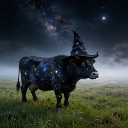 a detailed picture of stars and a nebula shaped like a cow in a grassy field wearing a witch hat, cow wearing hat!!! viewed in profile and far away, fog in the background, ultrawide lens, aerial photography, black and blue color scheme with gold highlights, art by kirby, artstation, 8 k
