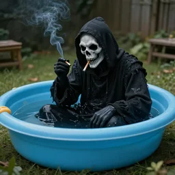 a grim reaper smoking weed in a kiddie pool, very detailed, perfect composition, perfect lighting, 4 k, jacques - laurent agasse, tim white, artgerm