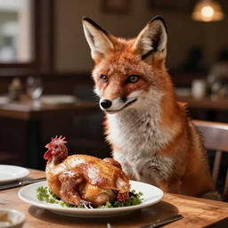 bipedal fox sitting in a restaurant with a plate in front of him. there is a live chicken on the plate
