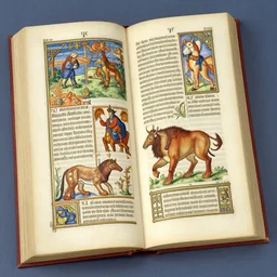 a book, medieval illustrated bestiary coming alive. painting by frank sedlacek.