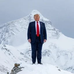 donald trump wearing a suit at the top of mount everest, snowing, photorealistic