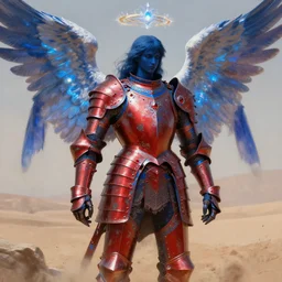 rococo style painting of full plate armor of crimson metal with azure blue lining and ruby studded worn by dark blue soft skinned angel with glowing wings, magic, enchanted, intricate, crystal, background desert, dusty, soft light, 8 k, artstation trending, masterwork