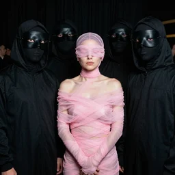 photograph of a masked party ,with people in black hooded tunic like in the film eyes wide shut of Stanley Kubrick, a woman with wrapped in pink tulle in the middle and eyes covered