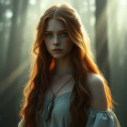 3 4 year old goddess of forrest. long ginger hair. atmospheric lighting. highly detailed digital painting by greg rutkowski. sharp focus, 8 k.