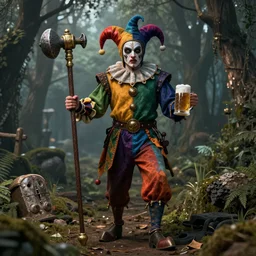 robert de niro as medieval jester, crazy colorful clothing with a heavy golden mace in his left hand and a beer jug in his right hand, full body shot and detailled face, symmetrical face, intricate details, wandering through a forbidden forest, trending on artstation, 8k hyperrealistic, style of peter mohrbacher, octane render, unreal engine