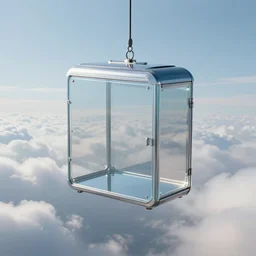centralized, mirror - glass - cabin box hanging from a tether from the clouds, computer generated, 8 k, unreal engine dynamic perspective, surrealism, concept art by dom qwek, trending on cg society, futurism, futuristic, volumetric lighting, aesthetic
