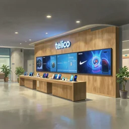 digital painting by studio ghibli hayao miyazaki!! 2 0 3 0 s flagship retail interior. experience. telco digital screens phones. wood, polished concrete, neon, ceiling spots. plants. samsung microsoft apple nike adidas tesla muted colors.