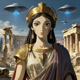 Anime movie about an alien invasion Ancient Athens, UFOs, portrait, intricate, 8k highly professionally detailed, HDR, CGsociety