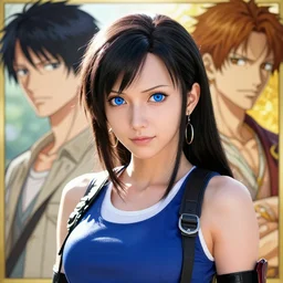 highly detailed vfx portrait of kaho shibuya cosplaying as tifa lockhart by eiichiro oda, makoto shinkai, alphonse mucha, sharp focus, art by artgerm and greg rutkowski!, backlit, harsh overhead sunlight, blue eyes!!, aquiline nose!!, stanley kybric, kaoru mori, hyper detailed, smooth pixiv, fanbox,