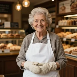 a smiling lovely cute granny in a white french bakery apron and mitts. dim lit french bakery background. beautiful lighting. editorial photography. award - winning