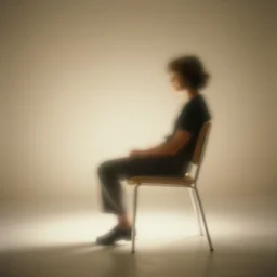 realistic photo of a a blurred human sitting on the chair, side view, empty glowing room, emitting soft blurry aura radiation 1 9 6 0, life magazine photo, natural colors, metropolitan museum, kodak, 8 k, very detailed, high resolution, product photo,