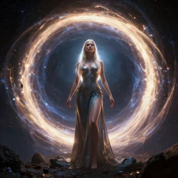 woman becomes portal to universe style of cedric peyravernay wlop greg rutkowski, fantasy, epic, raytraced lighting, volumetric lighting, unreal engine 5
