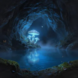 a mystical cave with a few glowing mushrooms, still blue water calm as a mirror, dark rocks, shadows, mossy ground, atmospheric, butterflies, misty, masterpiece, very detailed, cold blue light, trending on artstation, hyperrealistic, painted by Jessiah Thomason
