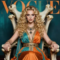 bust portrait of girl sitting on bones throne, persian empire costume, blonde, curly hair, clean face, provocative make up, symmetrical face, smooth skin, jewelry,, ecstasy, cute, fashion editorial photography, hyperrealistic, from vogue magazine, ultra realistic, reflections, teal and orange