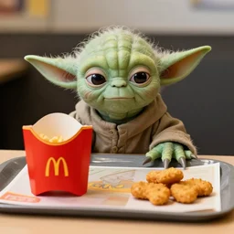 yoda, upset, yoda sitting behind a table inside mcdonald's, small red cardboard box on table, yellow m logo on box, chicken mcnugget on tray, 3 5 mm, f / 2. 8