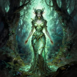 mighty fey queen, vine dress, glowing forest, strong line, eerie color, beautiful! coherent! by frank frazetta, by brom