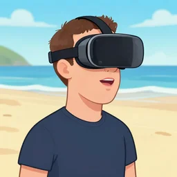 cartoon mark zuckerberg wearing a vr headset on the beach