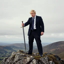 Boris Johnson holding a sword standing on top of a mountain
