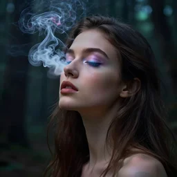 inside a soul of  a gorgeous  young  girl , searching for eternity, smoke out of her eyes, dark glowing forest  in the style of stefan kostic, realistic, sharp focus, 8k high definition, high fashion, vogue, insanely detailed, soft light, colorful smoke, intricate, elegant, art by stanley lau and artgerm, sigma 85mm art