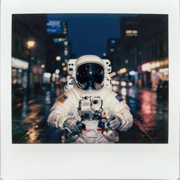 polaroid rainy night in the city, reflections, astronaut, distortion, grain, texture