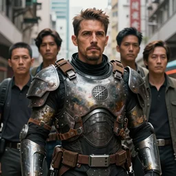 dreamy portrait of danny trejo in metallic and stained heavy tactical gears, by jan van eyck, kim jung gi, james jean, in the street of mongkok, hong kong, craig mullins