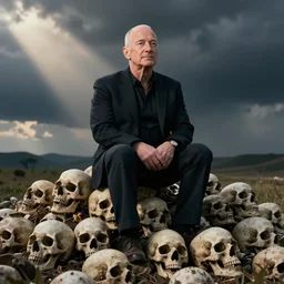 photo of jeffrey bezos sitting on a pile of skulls