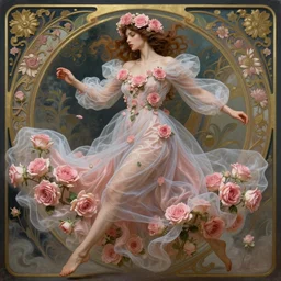 !!beautiful!! woman dressed in a vaporous wrapped large victorian pink roses silk semi-transparent dress fashion is running, fantasy, intricate, elegant, highly detailed, digital painting, trending on artstation, concept art, matte, sharp focus, illustration, art by Artgerm and Greg Rutkowski and Alphonse Mucha, trending on instagram, art nouveau