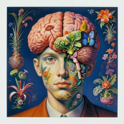 a highly detailed realistic surreal trippy weird mysterious otherworldly stunning award winning intricate colorful chromatic aberration, 9 0 s toy commercial, from the 7 0 s, polaroid painting portrait of all of the world's botanical knowledge in one brain, by zdzislaw beksinski, by ernst haeckel, 8 k, hi - res,